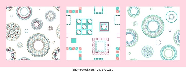 Seamless pattern of geometric shapes. Bright seamless pattern. Set of 3 patterns. Design for fabric, wallpaper, wrapping paper. Vector