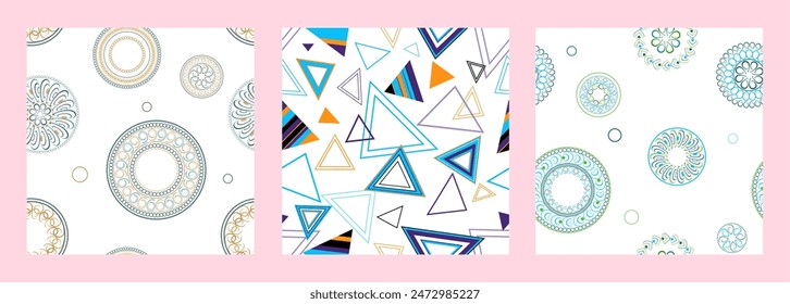 Seamless pattern of geometric shapes. Bright seamless pattern. Set of 3 patterns. Design for fabric, wallpaper, wrapping paper. Vector