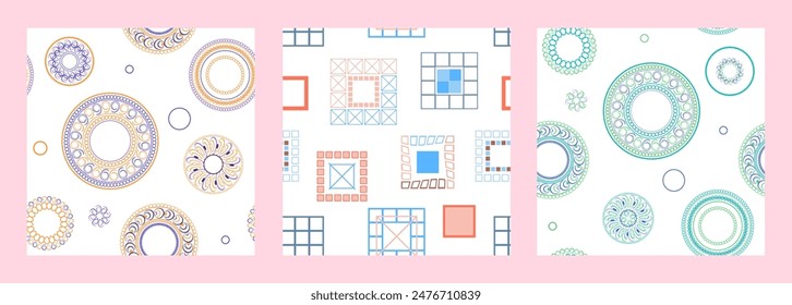 Seamless pattern of geometric shapes. Bright seamless pattern. Set of 3 patterns. Design for fabric, wallpaper, wrapping paper. Vector