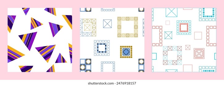 Seamless pattern of geometric shapes. Bright seamless pattern. Set of 3 patterns. Design for fabric, wallpaper, wrapping paper. Vector