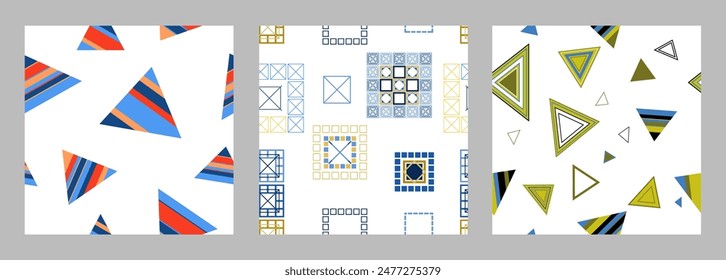 Seamless pattern of geometric shapes. Bright seamless pattern. Set of 3 patterns. Design for fabric, wallpaper, wrapping paper. Vector