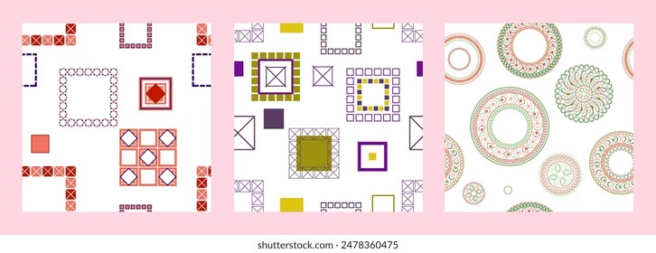 Seamless pattern of geometric shapes. Bright seamless pattern. Set of 3 patterns. Design for fabric, wallpaper, wrapping paper. Vector