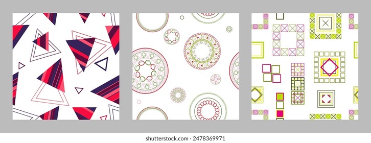 Patrón sin fisuras de Formas geométricas. Patrón brillante sin costuras. Conjunto de 3 patrones. Diseño para tela, Fondo de pantalla, papel de embalaje. Vector