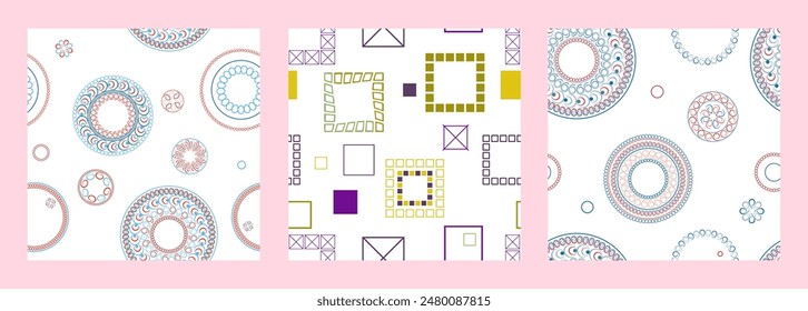 Seamless pattern of geometric shapes. Bright seamless pattern. Set of 3 patterns. Design for fabric, wallpaper, wrapping paper. Vector