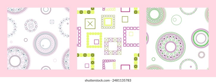 Seamless pattern of geometric shapes. Bright seamless pattern. Set of 3 patterns. Design for fabric, wallpaper, wrapping paper. Vector