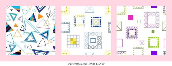 Seamless pattern of geometric shapes. Bright seamless pattern. Set of 3 patterns. Design for fabric, wallpaper, wrapping paper. Vector
