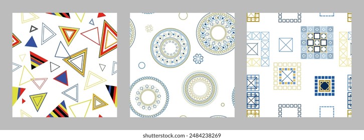 Seamless pattern of geometric shapes. Bright seamless pattern. Set of 3 patterns. Design for fabric, wallpaper, wrapping paper. Vector