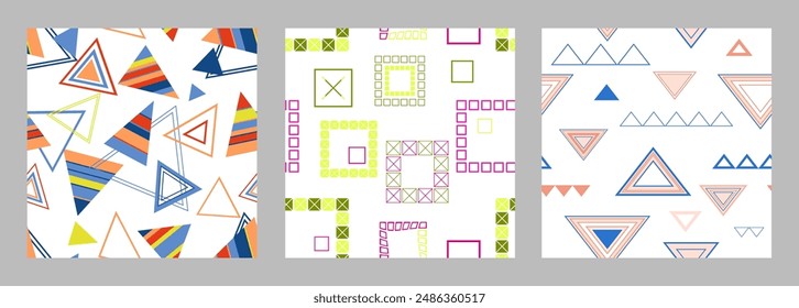 Seamless pattern of geometric shapes. Bright seamless pattern. Set of 3 patterns. Design for fabric, wallpaper, wrapping paper. Vector