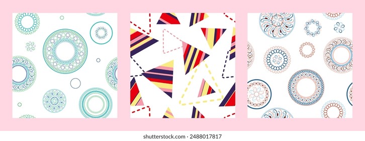 Seamless pattern of geometric shapes. Bright seamless pattern. Set of 3 patterns. Design for fabric, wallpaper, wrapping paper. Vector