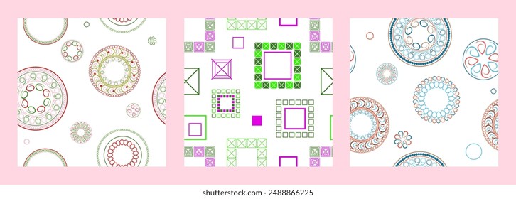 Patrón sin fisuras de Formas geométricas. Patrón brillante sin costuras. Conjunto de 3 patrones. Diseño para tela, Fondo de pantalla, papel de embalaje. Vector