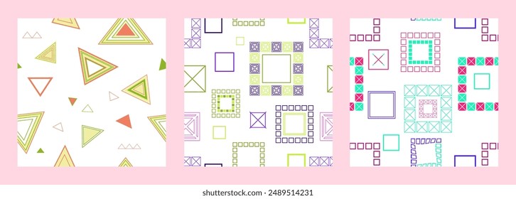 Seamless pattern of geometric shapes. Bright seamless pattern. Set of 3 patterns. Design for fabric, wallpaper, wrapping paper. Vector
