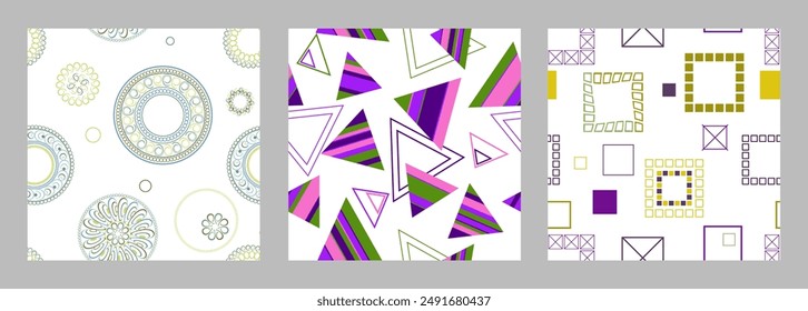 Seamless pattern of geometric shapes. Bright seamless pattern. Set of 3 patterns. Design for fabric, wallpaper, wrapping paper. Vector