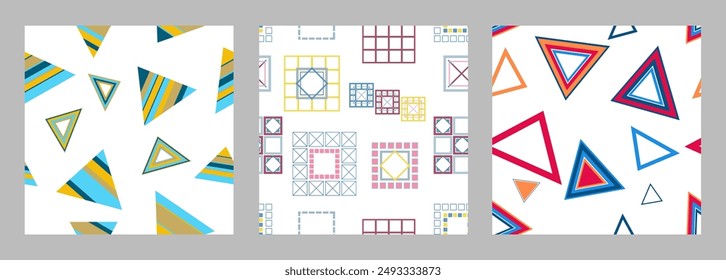 Seamless pattern of geometric shapes. Bright seamless pattern. Set of 3 patterns. Design for fabric, wallpaper, wrapping paper. Vector