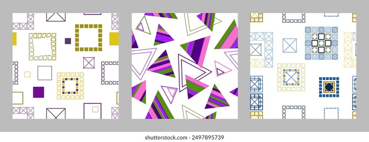 Seamless pattern of geometric shapes. Bright seamless pattern. Set of 3 patterns. Design for fabric, wallpaper, wrapping paper. Vector