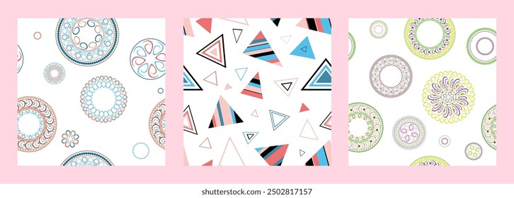 Patrón sin fisuras de Formas geométricas. Patrón transparente brillante. Conjunto de 3 patrones. Diseño para tela, Fondo de pantalla, papel de embalaje. Vector