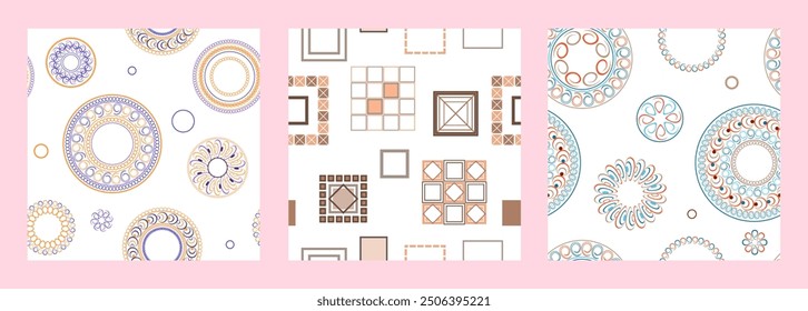 Seamless pattern of geometric shapes. Bright seamless pattern. Set of 3 patterns. Design for fabric, wallpaper, wrapping paper. Vector