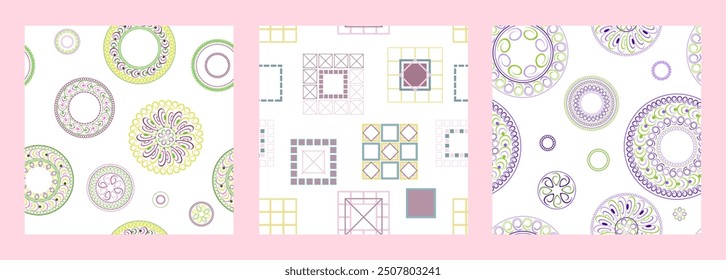 Seamless pattern of geometric shapes. Bright seamless pattern. Set of 3 patterns. Design for fabric, wallpaper, wrapping paper. Vector