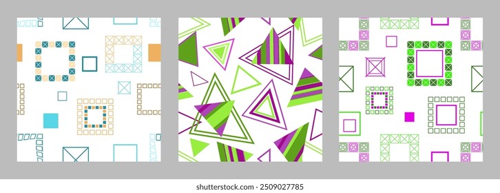 Seamless pattern of geometric shapes. Bright seamless pattern. Set of 3 patterns. Design for fabric, wallpaper, wrapping paper. Vector