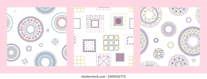 Seamless pattern of geometric shapes. Bright seamless pattern. Set of 3 patterns. Design for fabric, wallpaper, wrapping paper. Vector