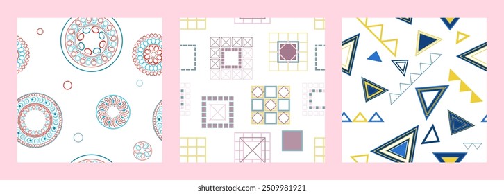 Seamless pattern of geometric shapes. Bright seamless pattern. Set of 3 patterns. Design for fabric, wallpaper, wrapping paper. Vector