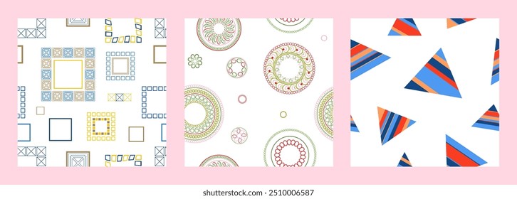 Seamless pattern of geometric shapes. Bright seamless pattern. Set of 3 patterns. Design for fabric, wallpaper, wrapping paper. Vector