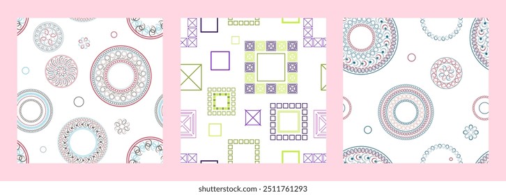 Patrón sin fisuras de Formas geométricas. Patrón transparente brillante. Conjunto de 3 patrones. Diseño para tela, Fondo de pantalla, papel de embalaje. Vector