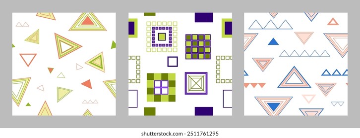 Seamless pattern of geometric shapes. Bright seamless pattern. Set of 3 patterns. Design for fabric, wallpaper, wrapping paper. Vector