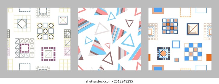 Seamless pattern of geometric shapes. Bright seamless pattern. Set of 3 patterns. Design for fabric, wallpaper, wrapping paper. Vector