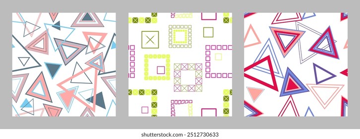 Seamless pattern of geometric shapes. Bright seamless pattern. Set of 3 patterns. Design for fabric, wallpaper, wrapping paper. Vector