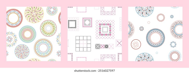 Seamless pattern of geometric shapes. Bright seamless pattern. Set of 3 patterns. Design for fabric, wallpaper, wrapping paper. Vector