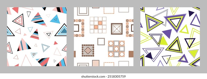 Seamless pattern of geometric shapes. Bright seamless pattern. Set of 3 patterns. Design for fabric, wallpaper, wrapping paper. Vector