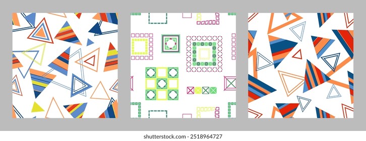 Seamless pattern of geometric shapes. Bright seamless pattern. Set of 3 patterns. Design for fabric, wallpaper, wrapping paper. Vector
