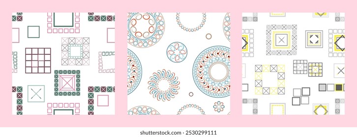 Seamless pattern of geometric shapes. Bright seamless pattern. Set of 3 patterns. Design for fabric, wallpaper, wrapping paper. Vector