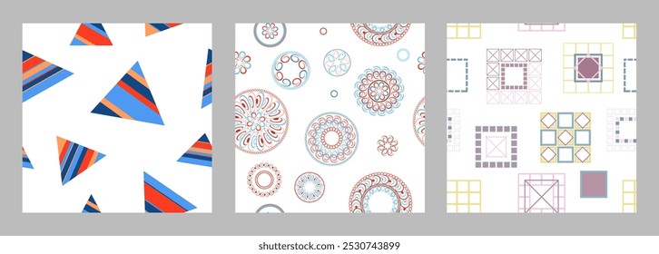 Patrón sin fisuras de Formas geométricas. Patrón transparente brillante. Conjunto de 3 patrones. Diseño para tela, Fondo de pantalla, papel de embalaje. Vector