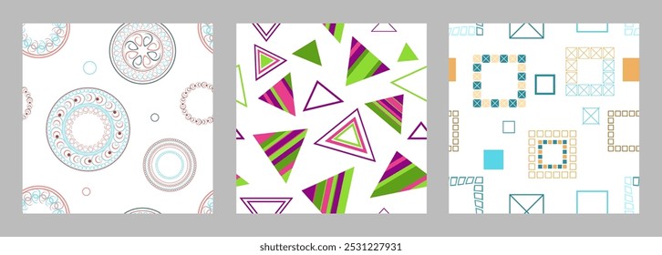 Seamless pattern of geometric shapes. Bright seamless pattern. Set of 3 patterns. Design for fabric, wallpaper, wrapping paper. Vector