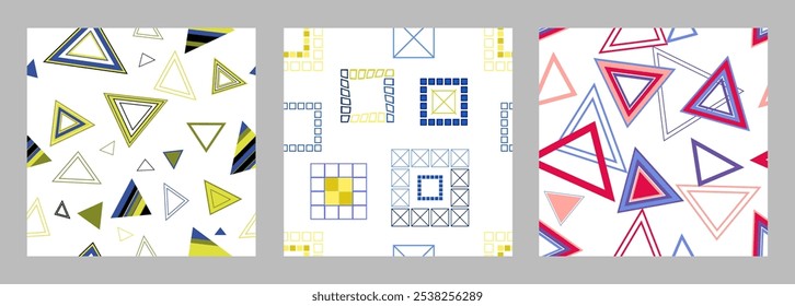 Seamless pattern of geometric shapes. Bright seamless pattern. Set of 3 patterns. Design for fabric, wallpaper, wrapping paper. Vector