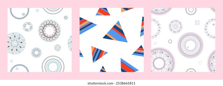 Seamless pattern of geometric shapes. Bright seamless pattern. Set of 3 patterns. Design for fabric, wallpaper, wrapping paper. Vector