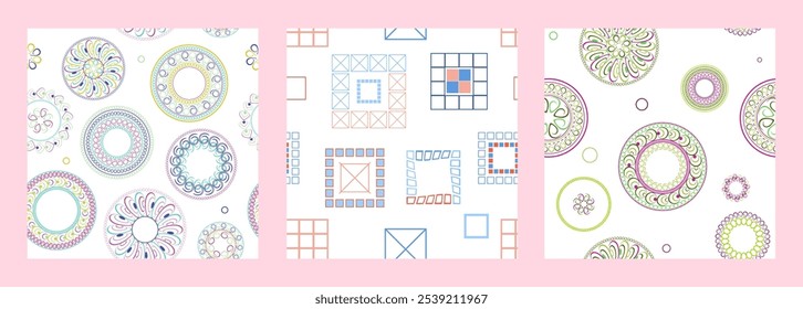 Seamless pattern of geometric shapes. Bright seamless pattern. Set of 3 patterns. Design for fabric, wallpaper, wrapping paper. Vector