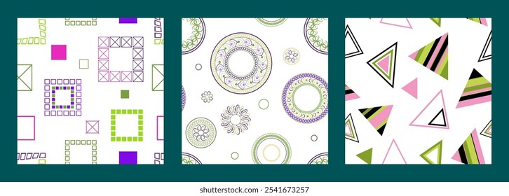 Seamless pattern of geometric shapes. Bright seamless pattern. Set of 3 patterns. Design for fabric, wallpaper, wrapping paper. Vector