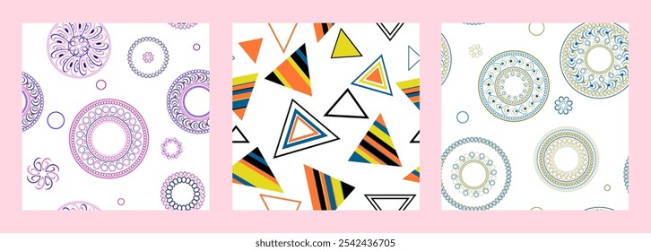 Seamless pattern of geometric shapes. Bright seamless pattern. Set of 3 patterns. Design for fabric, wallpaper, wrapping paper. Vector