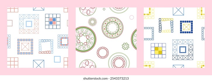 Seamless pattern of geometric shapes. Bright seamless pattern. Set of 3 patterns. Design for fabric, wallpaper, wrapping paper. Vector