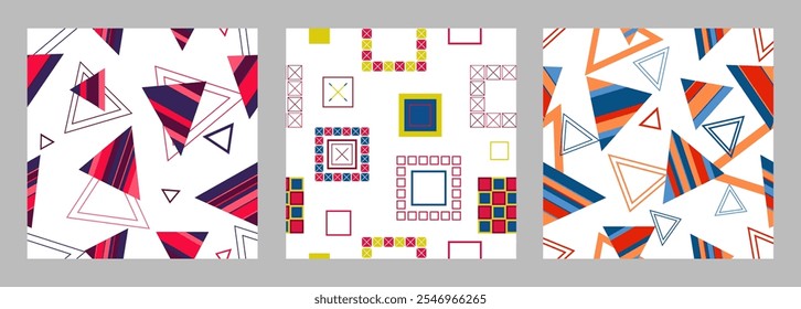 Seamless pattern of geometric shapes. Bright seamless pattern. Set of 3 patterns. Design for fabric, wallpaper, wrapping paper. Vector