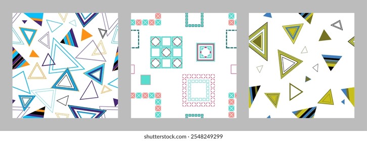 Seamless pattern of geometric shapes. Bright seamless pattern. Set of 3 patterns. Design for fabric, wallpaper, wrapping paper. Vector