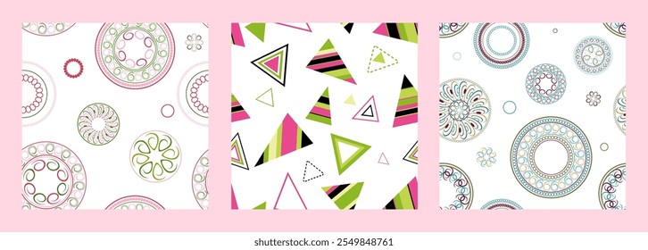 Seamless pattern of geometric shapes. Bright seamless pattern. Set of 3 patterns. Design for fabric, wallpaper, wrapping paper. Vector