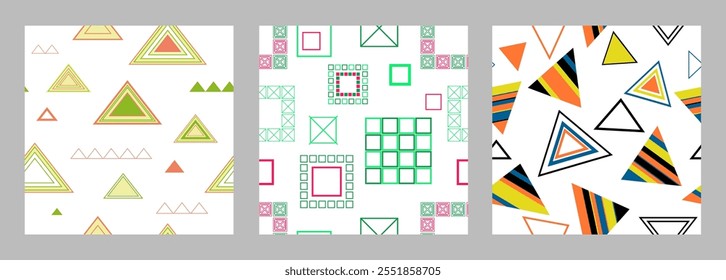 Seamless pattern of geometric shapes. Bright seamless pattern. Set of 3 patterns. Design for fabric, wallpaper, wrapping paper. Vector