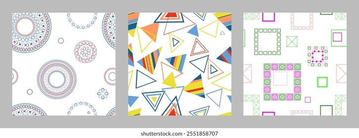Seamless pattern of geometric shapes. Bright seamless pattern. Set of 3 patterns. Design for fabric, wallpaper, wrapping paper. Vector