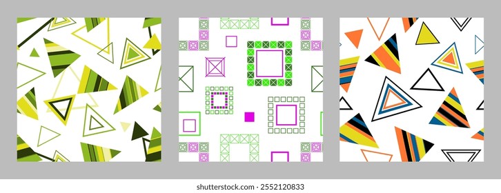 Seamless pattern of geometric shapes. Bright seamless pattern. Set of 3 patterns. Design for fabric, wallpaper, wrapping paper. Vector