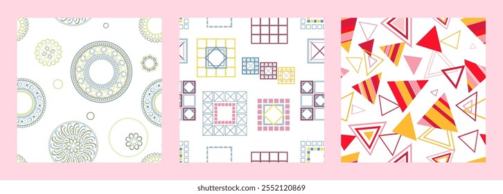 Seamless pattern of geometric shapes. Bright seamless pattern. Set of 3 patterns. Design for fabric, wallpaper, wrapping paper. Vector