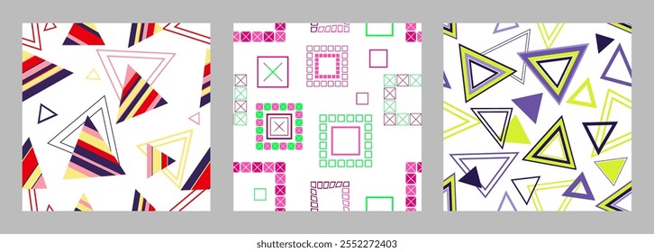 Seamless pattern of geometric shapes. Bright seamless pattern. Set of 3 patterns. Design for fabric, wallpaper, wrapping paper. Vector