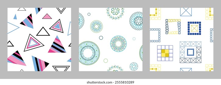 Seamless pattern of geometric shapes. Bright seamless pattern. Set of 3 patterns. Design for fabric, wallpaper, wrapping paper. Vector